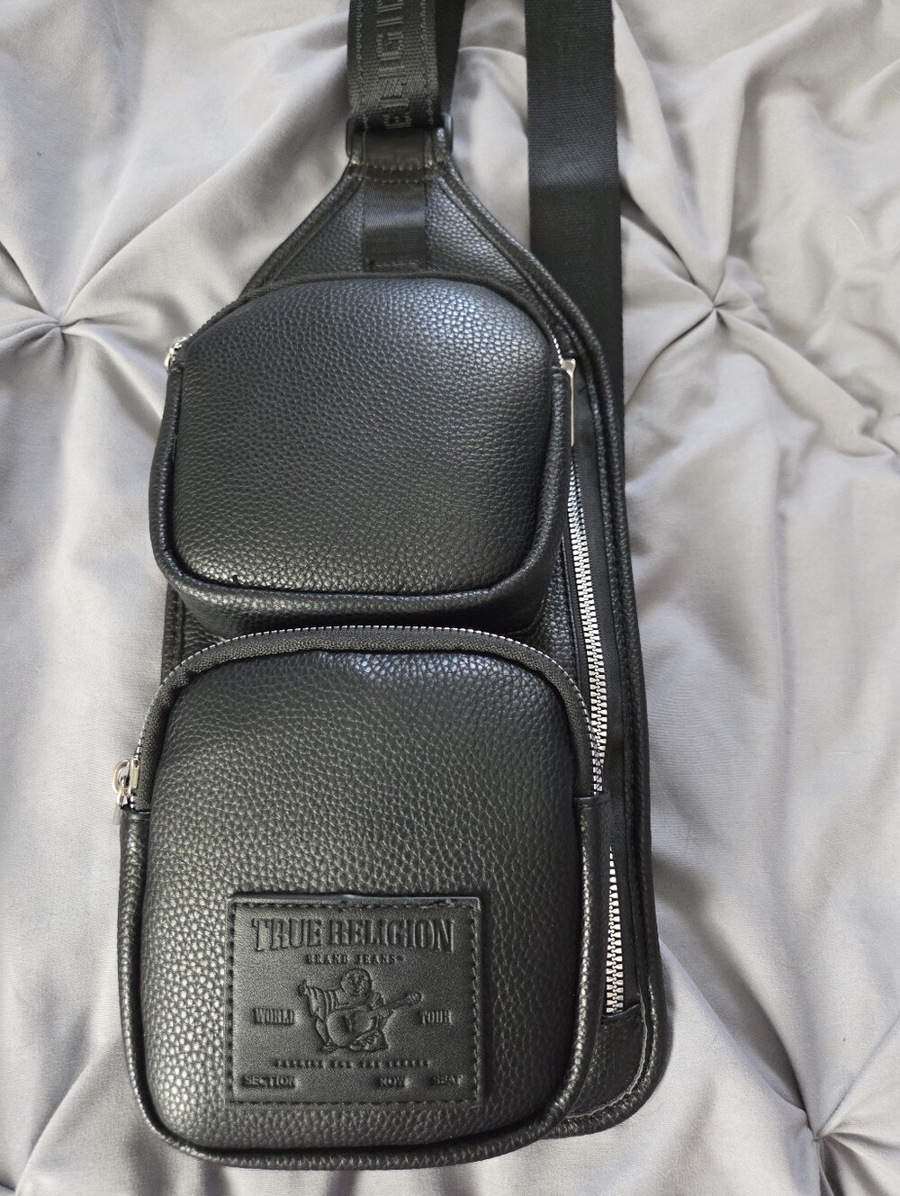 NEW True Religion Black Pebbled Leather Sling Belt Bag